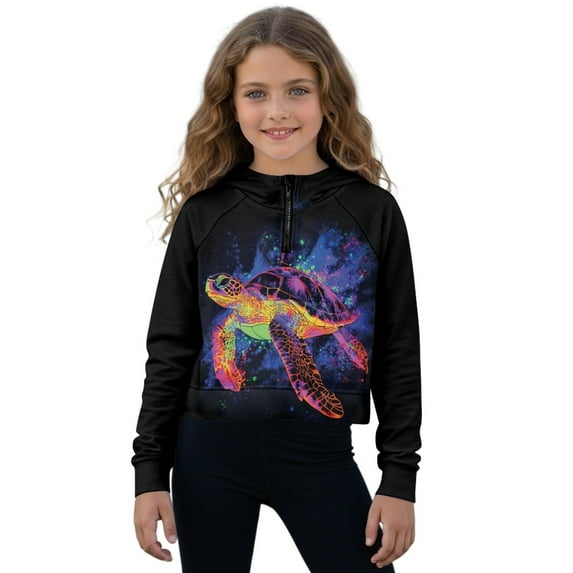 Xixirimido Colored Paint Sea Turtle Pattern Kids Hoodies for Girls Half Zip Hoodie Sweatshirt 3D Graphic Long Sleeve Pullover Crop Tops with Pocket for Fall Winter Size 7-8