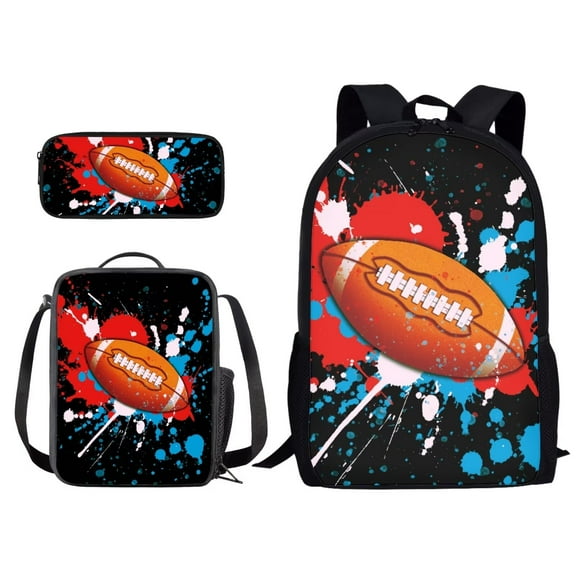 Xixirimido Colored Painted American Football Pattern Kids Backpacks for Middle School, Lightweight Bookbag Water Resistant with Lunch Pack Pencil Bag 3pcs