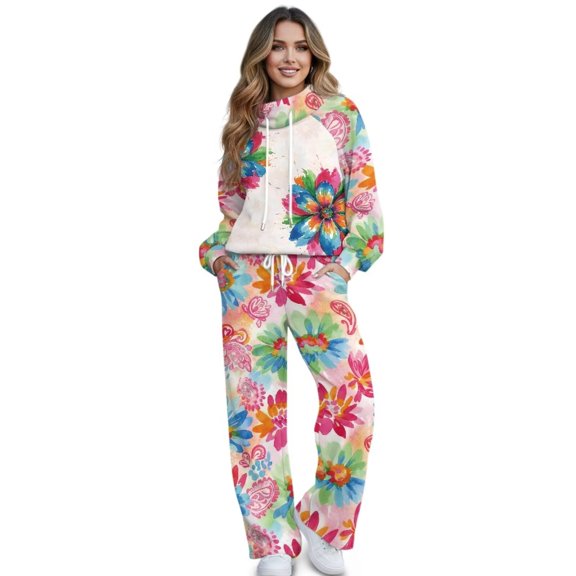 Xixirimido Colorful Bohemian Floral Print Women's 2 Piece Outfits Lounge Set Mock Neck Long Sleeve Sweatshirt With Wide Leg Pants Sweatsuits Fall Fashion Airport Tracksuit, Medium