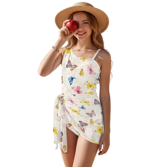 Xixirimido Colorful Butterflies Print Girls One Piece Bathing Suit with Mesh Cover Up, Adjustable Strap Swimwear One Shoulder Swimsuit for Girl with Removable Pad, Size 7-8 Years