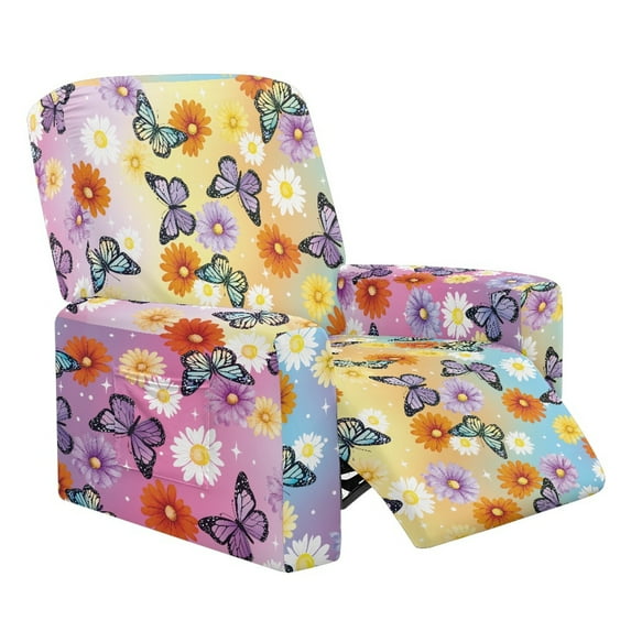 Xixirimido Colorful Butterfly Daisy Gradient Printed Recliner Slipcover Stretch Reclining Chair Covers 4 Pieces Non Slip Recliner Sofa Slipcovers with Pocket Lazy Boy Chair Cover for Pet Kid