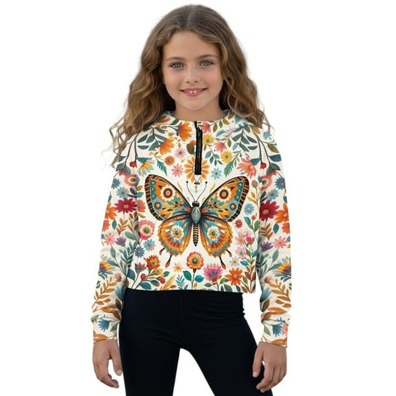Xixirimido Colorful Butterfly Floral Pattern Girls Half Zip Sweatshirt Hooded Pullover for Teen Long Sleeve Hoodie Crop Tops with Pocket Fall Winter Clothes Size 7-8