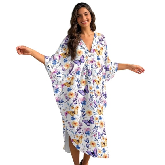 Xixirimido Colorful Butterfly Floral Print Kaftan Dresses for Women Plus Size V Neck Caftans Long Batwing Sleeve Beach Cover Ups Summer Beach Dress
