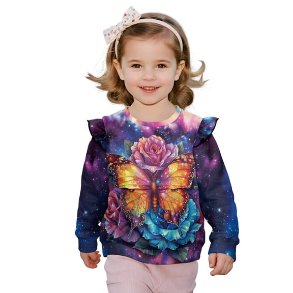 Xixirimido Colorful Butterfly Rose Galaxy Print Soft Toddler Girls Long Sleeve Sweatshirt Ruffle Shoulder Graphic Pullover Crewneck Top for Cool Weather, for 3-4T