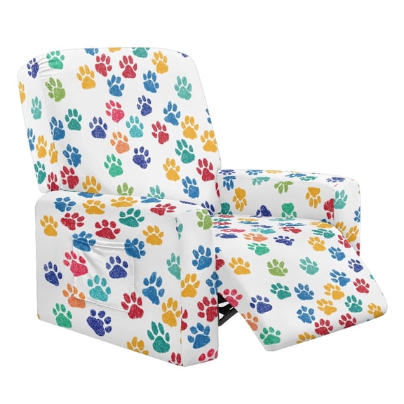 Xixirimido Colorful Dog Paws White Pattern Recliner Chair Cover 4-Pieces Lazyboy Cover for Recliner Chair with Storage Pockets Furniture Protector for Living Room Printed Sofa Slipcover