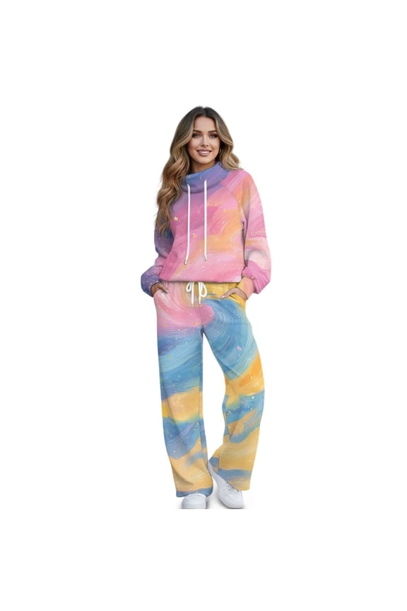 Colorful Galaxy Print Women 2 Piece Lounge Sets Fall Fashion Outfit Sweatsuits Long Sleeve Sweatshirt & Wide Leg Sweatpants Matching Tracksuit Set, Large
