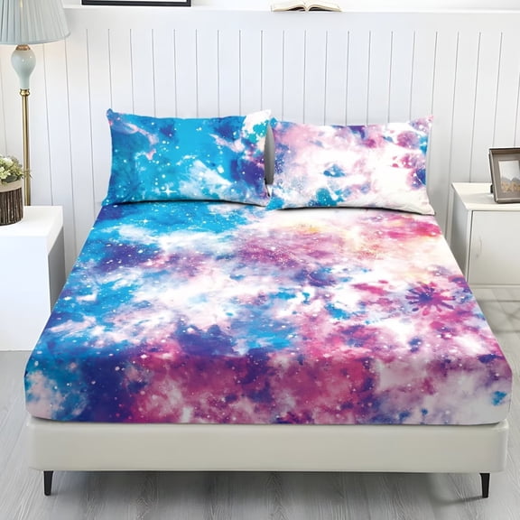 Xixirimido Colorful Galaxy Tie-dye Print Fitted Sheet with Pillowcases 3 Piece Set Deep Pocket Fitted Sheet for Bedroom Ultra Soft Fitted Bottom Sheet, Fade Resistant, Queen Size