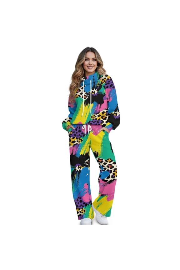 Colorful Graffiti Leopard Print Women's 2 Piece Outfits Lounge Set Mock Neck Long Sleeve Sweatshirt With Wide Leg Pants Sweatsuits Fall Fashion Airport Tracksuit, Large