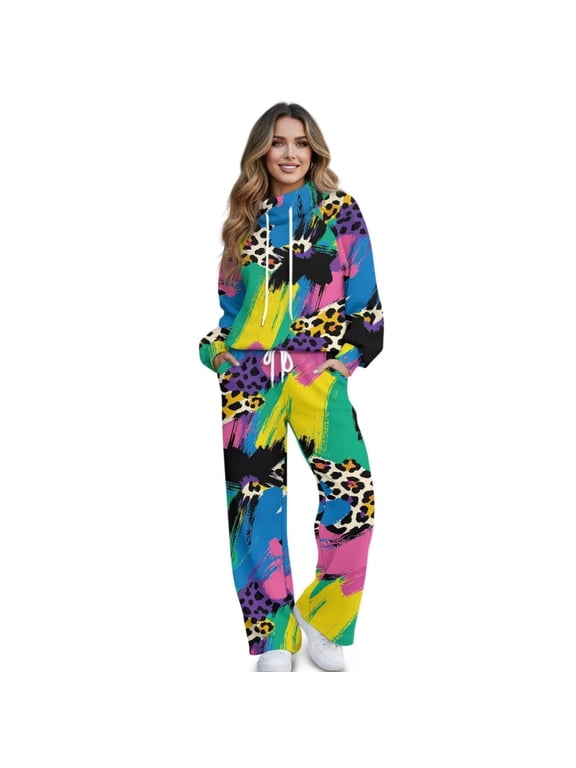 Colorful Graffiti Leopard Print Women's 2 Piece Outfits Lounge Set Mock Neck Long Sleeve Sweatshirt With Wide Leg Pants Sweatsuits Fall Fashion Airport Tracksuit, Large