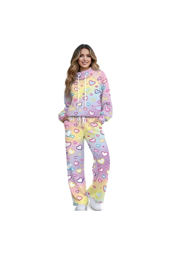 Colorful Hearts Print Lounge Sets for Women Sweatsuits 2 Piece Fall Winter Fashion Outfits Long Sleeve Sweatshirt Wide Leg Sweatpants Set Tracksuit, X-Large