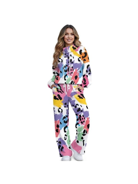 Colorful Leopard & Tie-dye Print Women 2 Piece Outfits Fall Fashion Airport Lounge Set Long Sleeve Sweatshirt Wide Leg Pants Travel Vacation Sweatsuits, Small