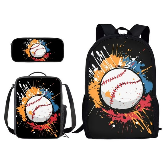 Xixirimido Colorful Paint Baseball Pattern Kids Backpack Set for Boys Girls School Bookbag Lunch Bag Pencil Bag 3 in 1 Set Teens Student School Daypack