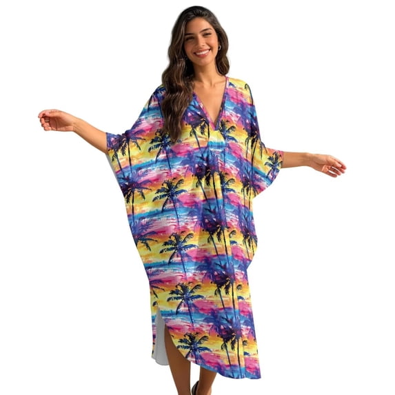 Xixirimido Colorful Paint Palm Trees Print Womens Plus Size Kaftan Dress V Neck Batwing Sleeve Beach Cover Up Swimsuit Coverups Summer Lounge Caftan Dress