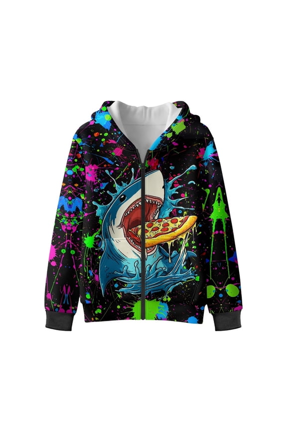 Colorful Paint Shark Pizza Printed Girls Boys Zip-Up Hoodies Kids Fall Winter Warm Sweatshirt Jacket with Pocket Youth Long Sleeve Pullover Top Teen Outfits for 6-8 Years