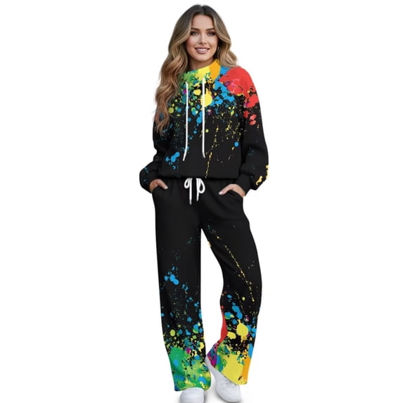 Xixirimido Colorful Paint Splatter Print Womens Sweatsuits 2 Piece Outfits Long Sleeve Sweatshirt Wide Leg Sweatpants Matching Set Fall Winter Fashion Tracksuit Oversized, Medium