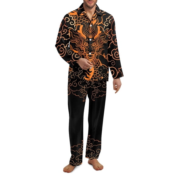 Xixirimido Cool Dragon Pattern Mens Pajama Set Soft Button Down Pajamas Long Sleeve Pjs Sleepwear Loungear Comfy Sleep Sets with Pockets, X-Small