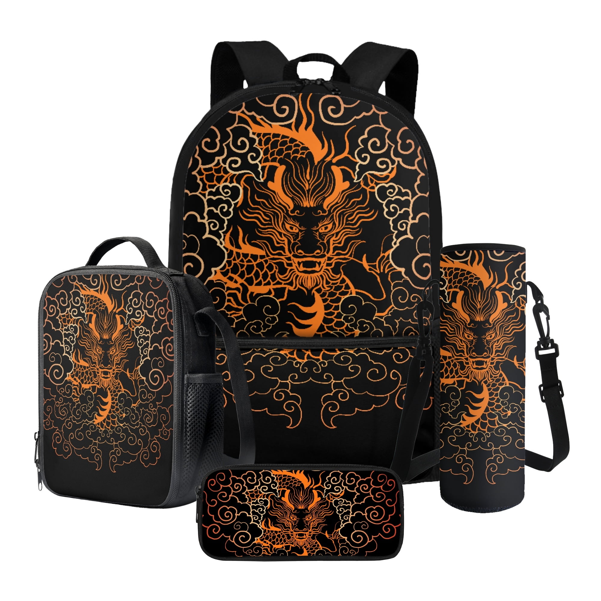 Xixirimido Cool Japanese Dragon Pattern 4Pcs Children Schoolbag Set Large Backpack with Lunch Box Pencil Pouch and Water Bottle Holder for Teens Boys Girls Bookbag Set