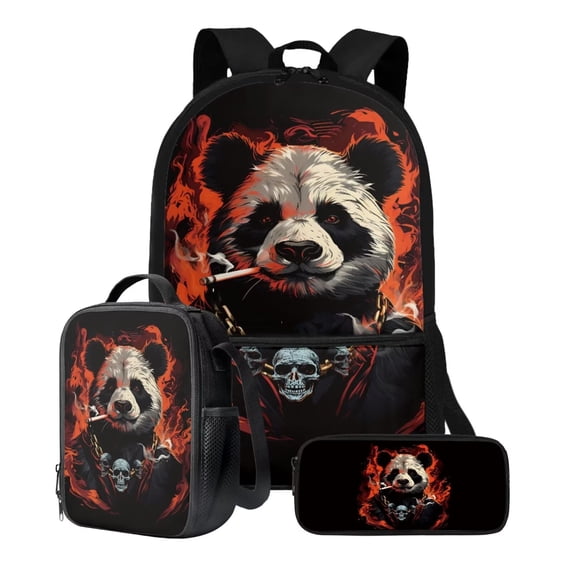 Xixirimido Cool Panda and Skull Print Kids Backpack Set for Boys Girls 17in School Backpack & Lunch Bag & Pencil Bag 3 in 1 Set for School Picnic Travel Daypack