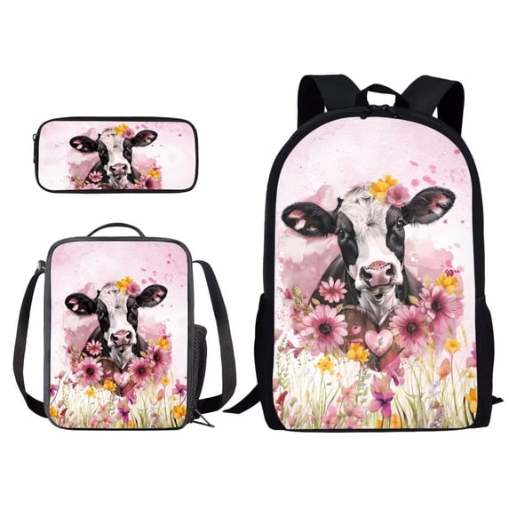 Xixirimido Cow Pink Floral Pattern Kids Backpack Set for Boys Girls School Bookbag Lunch Bag Pencil Bag 3 in 1 Set Hiking Travel Daypack