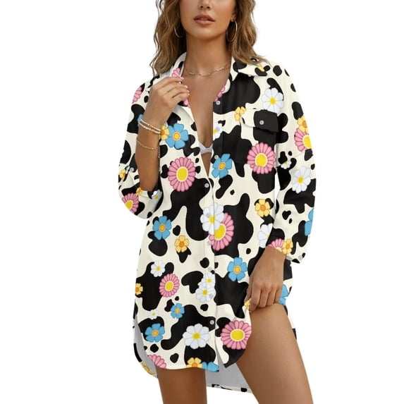 Xixirimido Cow Spot Colorful Floral Print Women's Loose Fit Beach Cover Up Shirt Dress Long Sleeve Button Up Swimsuit Cover Up with Side Slits for Summer, Size L