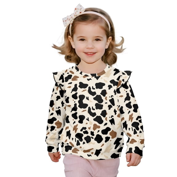 Xixirimido Cowhide Black Brown Print Girls Toddler Sweatshirt Long Sleeve Ruffle Shoulder Pullover Sweater Graphic Crewneck Top Cozy Fall Winter Clothes, for 1-2T