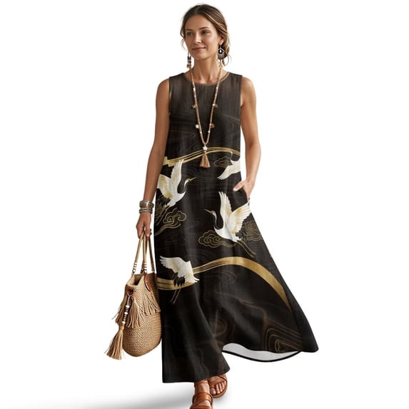 Xixirimido Cranes Black Print Maxi Dress for Women Crewneck Sleeveless Dresses A-line Casual Flowy Summer Beach Long Sundresses with Pockets Vacation Wear, Size L