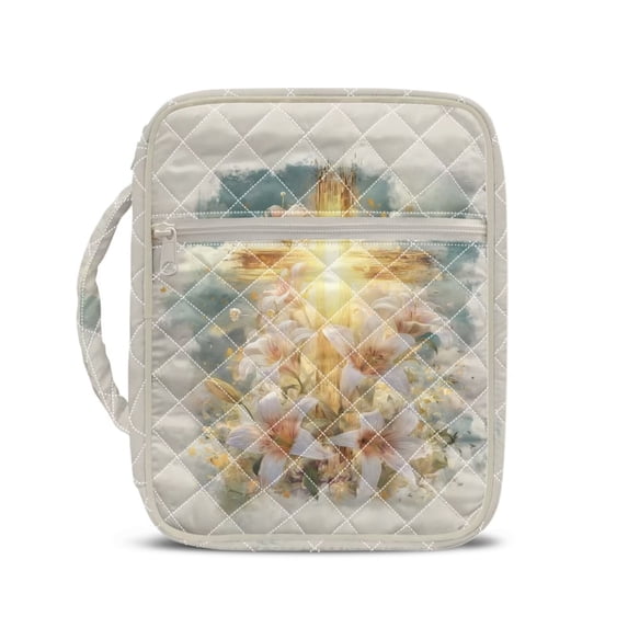 Xixirimido Cross White Lily Flower Print Quilted Bible Cover Bible Case for Women, Large Bible Carrying Case with Handle, Bible Study Supplies & Christian Gift for Men