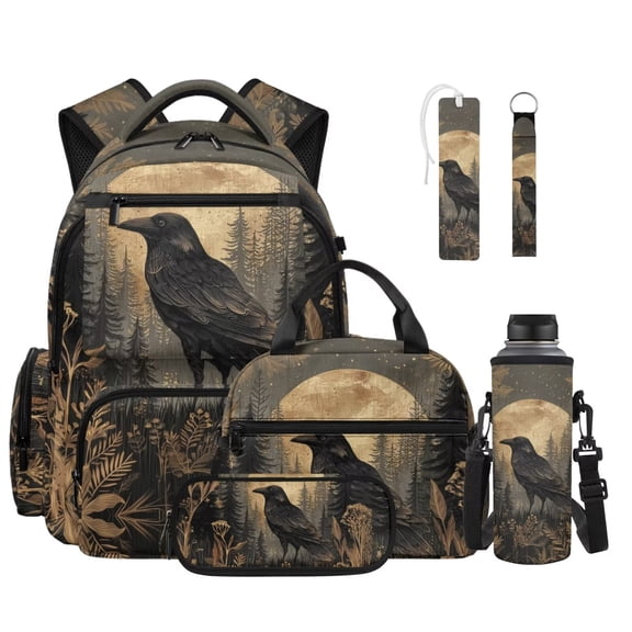 Xixirimido Crow Wild Forest Moon 6Pcs School Bag with Thermal Lunch Box Pencil Case Water Bottle Holder Keychain and Bookmark for Boys 17 Inch Backpack Set