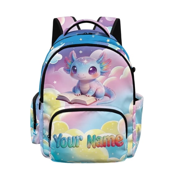 Xixirimido Custom Name 17" Large Capacity Backpack for Kids Elementary Bookbag Middle High School Bag for Girls Multi Pockets Rucksack, Cartoon Axolotl Colorful Clouds Print