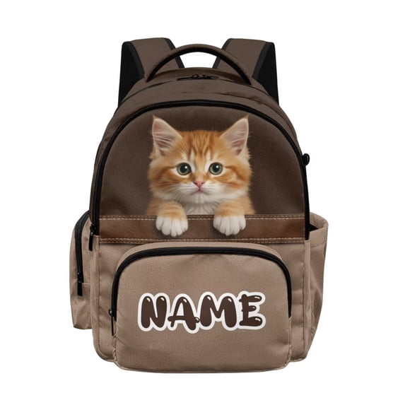 Xixirimido Custom Name 17" Multi Pockets Kids Backpack for Boys Lightweight School Bag Girls Cat Brown Print Large Bookbag for Elementary Middle High School Students