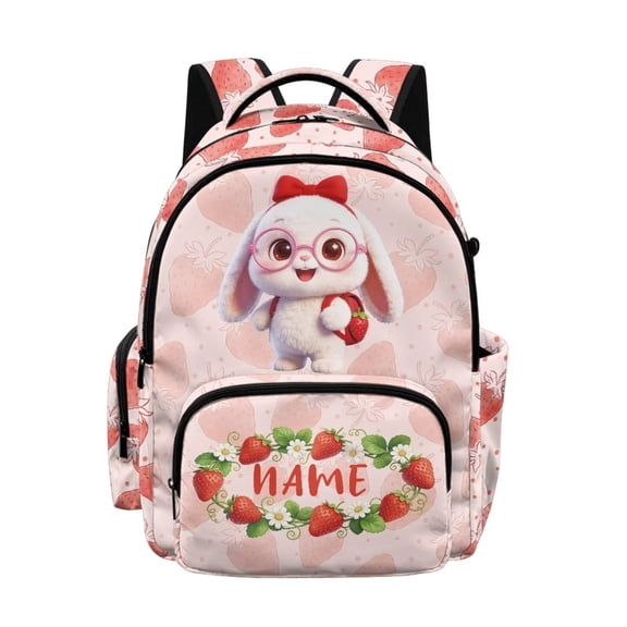 Xixirimido Custom Name Print Backpack for Girls Elementary Middle School Bookbag Kids Lightweight Back Pack Multi Pocket School Bags Large Capacity, Cute Bunny Strawberry Print