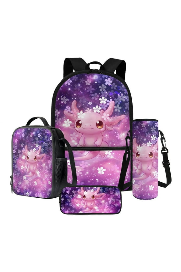 Cute Axolotl Cherry Blossom Pattern Backpack Set for School Kids - 17" Bookbag, Thermal Lunch Box, Water Bottle Carrier, Pencil Pouch 4Pcs Back to School Gift for Boys & Girls