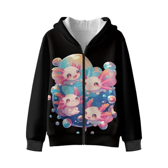Xixirimido Cute Axolotls Black Pattern Boys Girls Hoodies Teens Hooded Sweatshirt with Pocket Kids Long Sleeve Fashion Pullover Graphic Design Jacket for Fall Winter for 6-8 Years