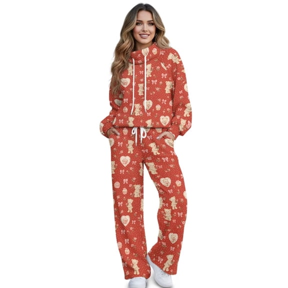 Xixirimido Cute Bear Roses Heart Print Women 2 Piece Lounge Sets Fall Fashion Outfit Sweatsuits Long Sleeve Sweatshirt & Wide Leg Sweatpants Matching Tracksuit Set for Valentine's Day, Medium