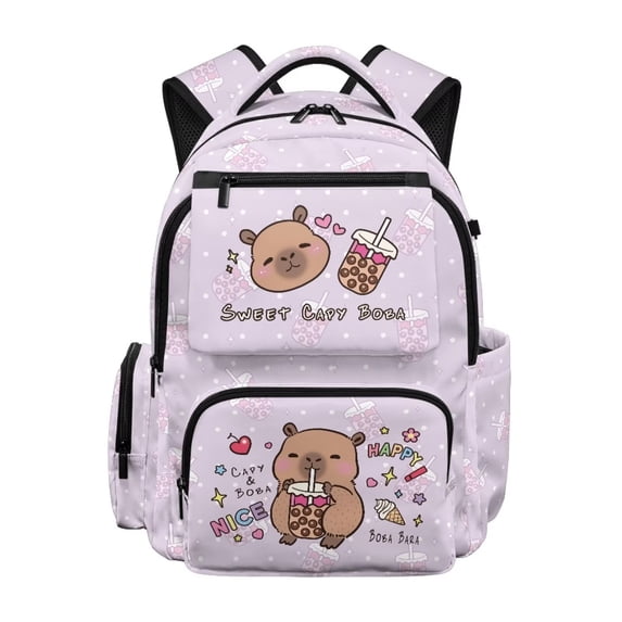Xixirimido Cute Capybara Milk Tea Print Kids School Backpack, 17" Large Capacity Bookbag, Multi Pockets School Bag for Girls Teens Preschool Elementary Middle High School