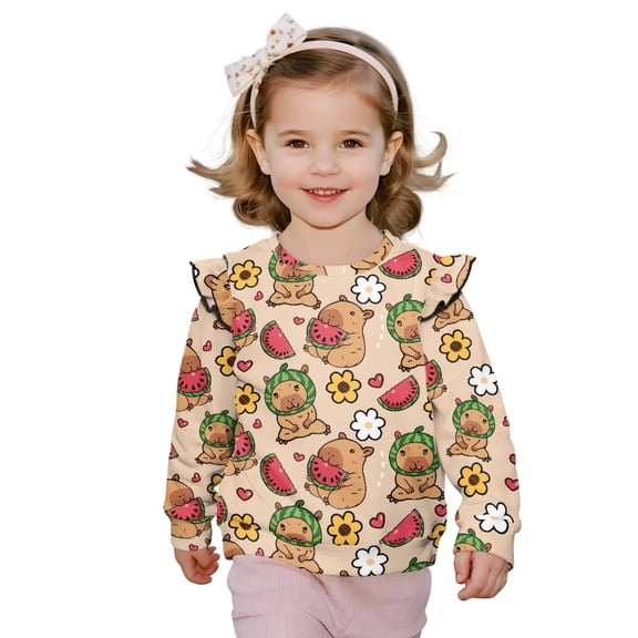 Xixirimido Cute Capybara Watermelon Floral Print Ruffle Shoulder Toddler Girls Sweatshirt Long Sleeve Graphic Pullover Top Soft Crewneck Sweater Fall Winter Wear, for 3-4T