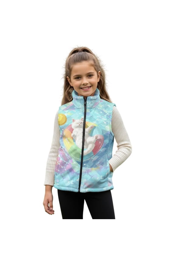 Cute Cat Pattern Girls Boys Zippered Vest Warm Soft Fleece Vest for Kids Sleeveless Stand Collar Jacket with Pockets Fall Winter Outerwear for 3T