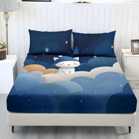 Xixirimido Cute Cat Starry Night Print 3Pcs Fitted Sheet Set Soft Bed Sheet with 2 Pillowcases Wrinkle Resistant Bedding Set Breathable Mattress Sheets, Queen Size