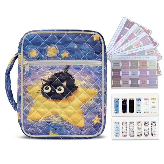 Xixirimido Cute Cat Starry Night Print Bible Cover Case Large Quilted Bible Carrying Case with Handles & Bookmarks Bible Study Supplies & Accessories Christian Gifts for Church