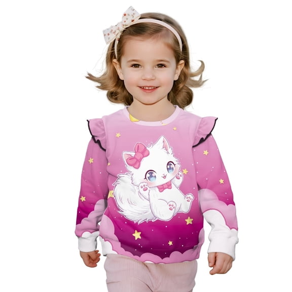 Xixirimido Cute Cat Stars Pink Print Sweatshirt for Toddler Girls Ruffle Pullover Top Casual Long Sleeve Top Kids Graphic Crewneck Sweater Fall Winter Outfit, for 7-8Y