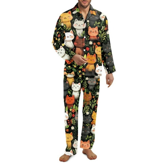 Xixirimido Cute Cats Floral Pattern Mens Pajama Set Soft Button Down Pajamas Long Sleeve Pjs Sleepwear Loungear Comfy Sleep Sets with Pockets, Medium