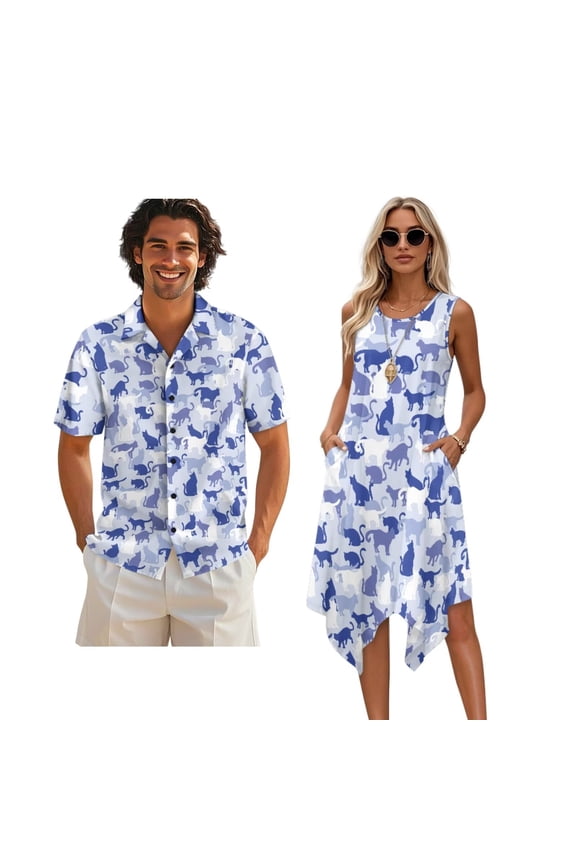 Cute Cats Print Matching Sets for Beach Vacation Men's Hawaiian Shirt & Women's Sleeveless Midi Dress Hawaiian Matched Couples Summer Outfits, Size M