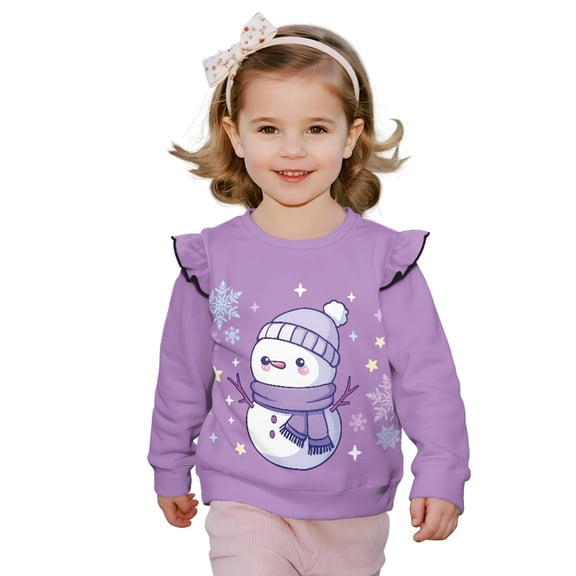 Xixirimido Cute Christmas Snowman Purple Print Toddler Girls Sweatshirt Ruffle Shoulder Long Sleeve Sweatshirts Graphic Pullover Top Girls Sweater Casual Fall Winter Clothes, for 1-2T