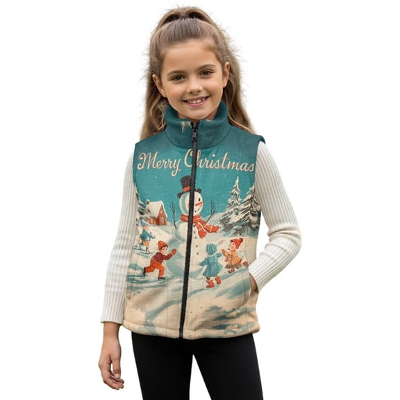 Xixirimido Cute Christmas Theme Pattern Girls Boys Zippered Vest Warm Soft Fleece Vest for Kids Sleeveless Stand Collar Jacket with Pockets Fall Winter Outerwear for 5-6