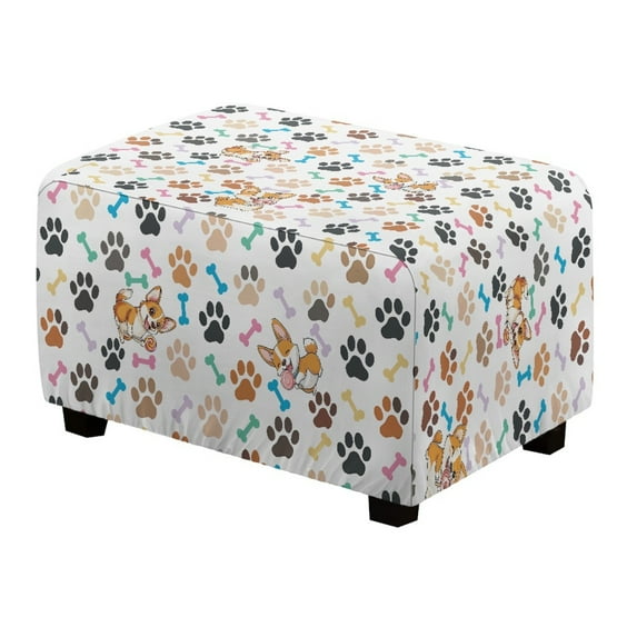 Xixirimido Cute Corgi Bone Paw Pattern Stretch Ottoman Cover Rectangle Footstool Slipcover Storage Stool Protector Nonslip Footrest Ottoman Cover with Elastic Bottom, Large