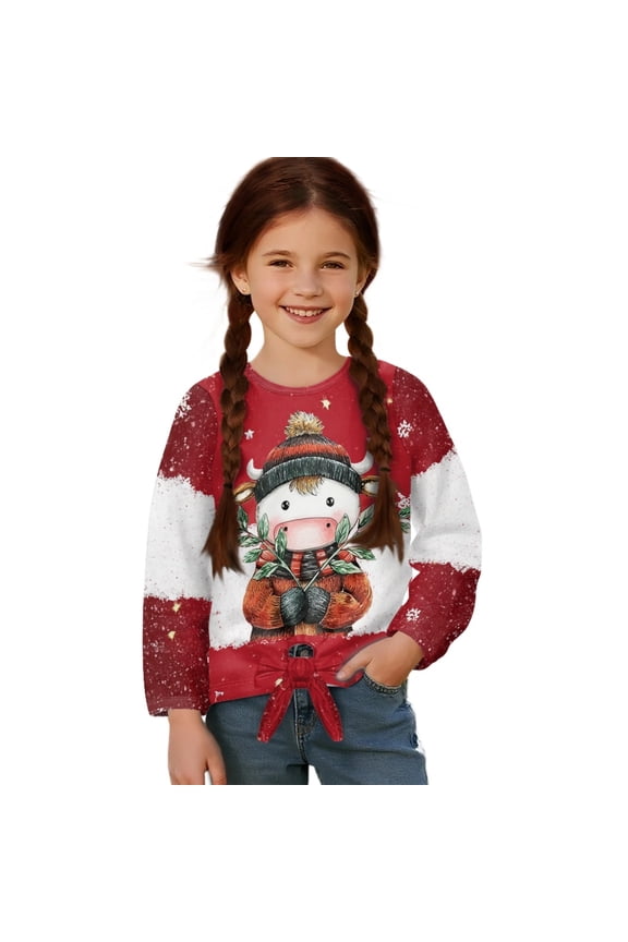 Cute Cow Christmas Theme Girls Long Sleeve Shirts Cute Kids Fashion Crew Neck Tunic Tops Tie-hem Tees for Fall Winter, Size 11-12