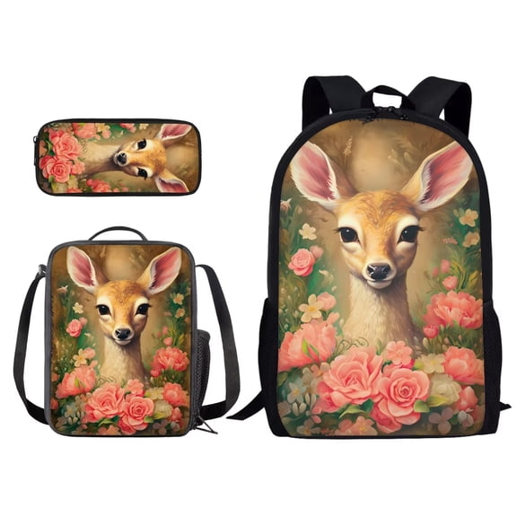 Xixirimido Cute Deer Floral Pattern Kids Backpacks for Primary/Middle School, Lightweight Bookbag Water Resistant with Lunch Pack and Pencil Bag 3 in 1
