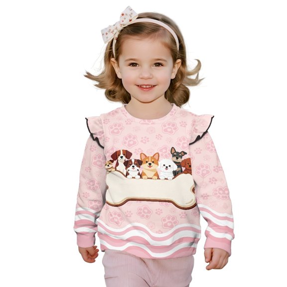 Xixirimido Cute Dogs Bone Paws Pink Print Toddler Girls Casual Sweatshirt Long Sleeve Pullover with Ruffle Shoulder Graphic Crewneck Sweater for Fall & Winter, for 2-3T