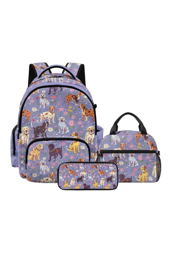 Cute Dogs Floral Purple Print School Supplies for Students 17 Inch Backpack with Lunch Box Pencil Case 3Pcs Set Large Capacity Bookbag for Boys Girls Back to School Gifts