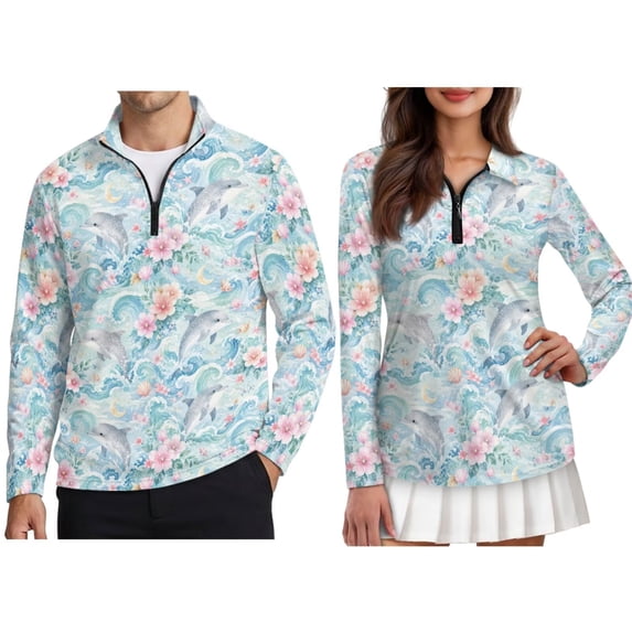 Xixirimido Cute Dolphins Floral 1/4 Zipper Long Sleeve Couples Golf Shirts Breathable Matching Couple Golf Shirts Moiture-wicking Quick Dry Matching Activewear for Fall Winter 3XL